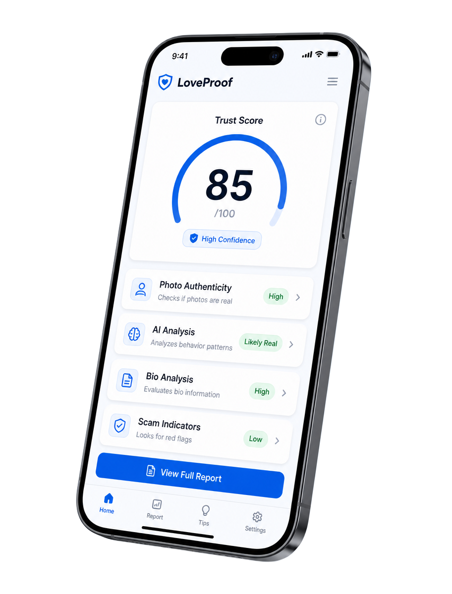 LoveProof app showing a Trust Score of 85 with high confidence