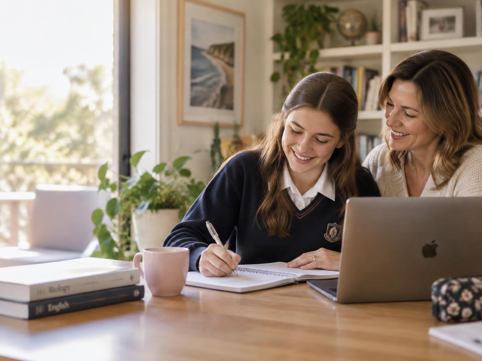 A high school student smiling as she writes in a notebook at home, with her mother beside her